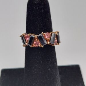 Vintage Rose GOS/925 w/Pink Rhinestones & Black Glass Baguettes Ring,sz 5.